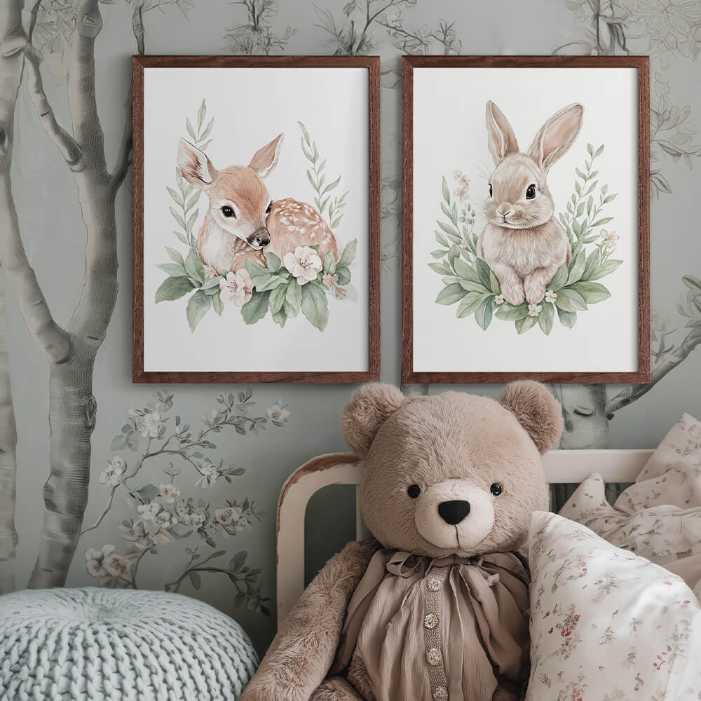 The Stillness Bundle with two hand-painted posters displayed in a calm children’s room