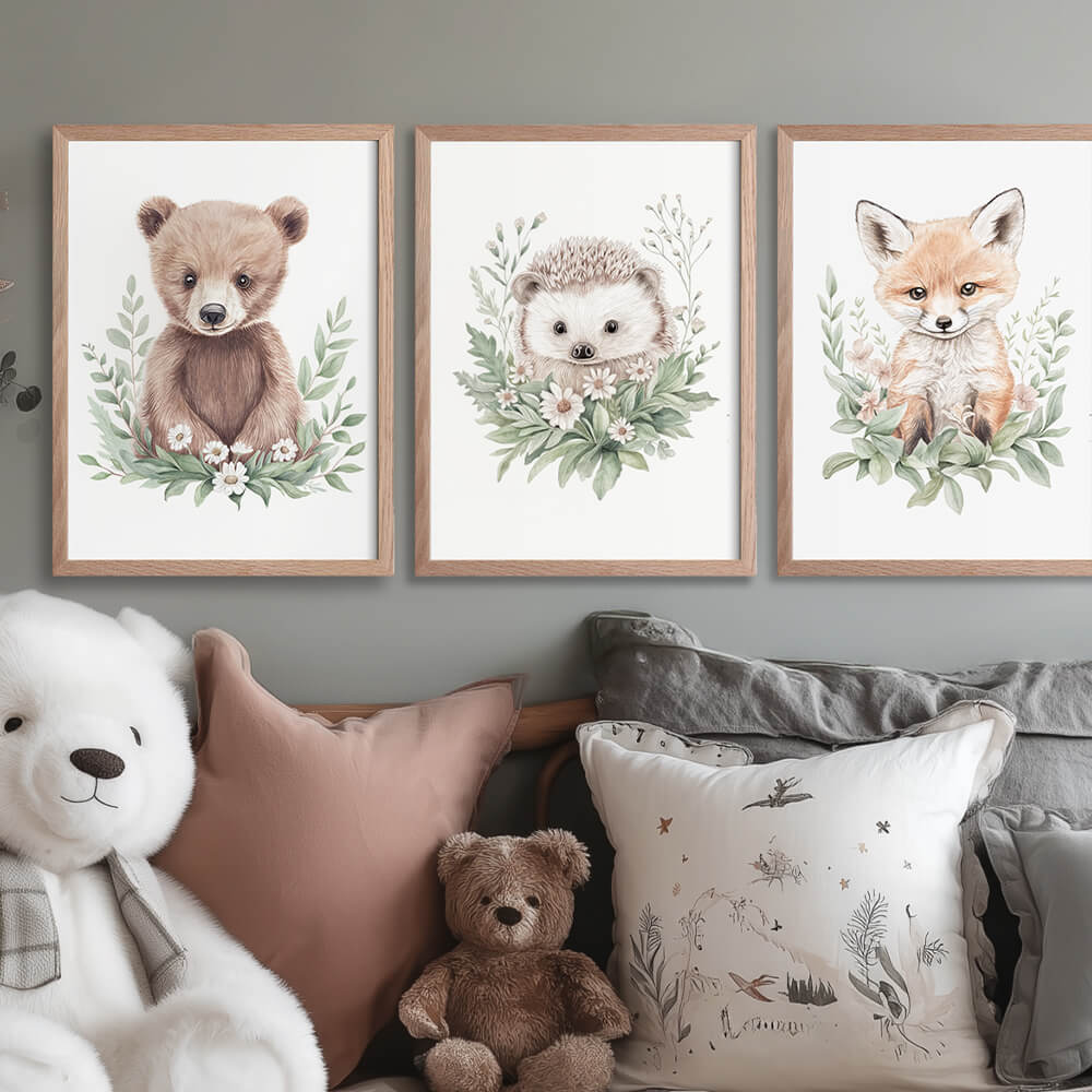 The Stillness Bundle with three hand-painted posters displayed in a calm children’s room