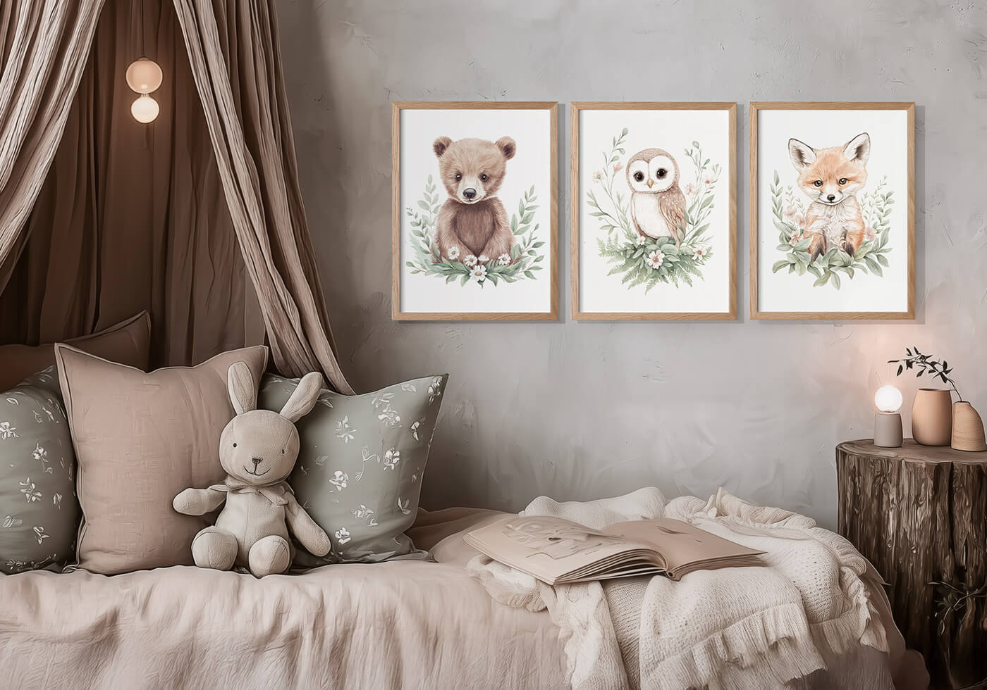 Stillness Bundle – nursery with three hand-painted watercolor prints from Woodland Wonders in oak frames