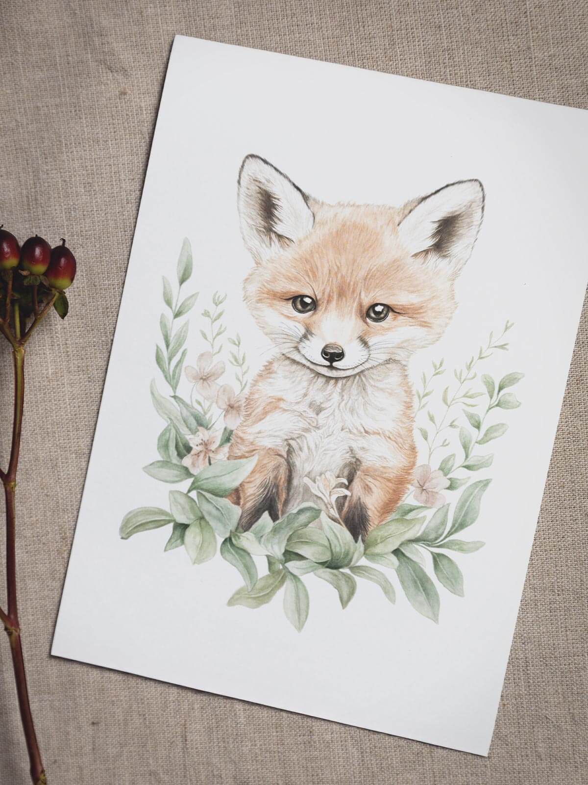 A5 akvarellkort räv Remi på linneduk med blomma