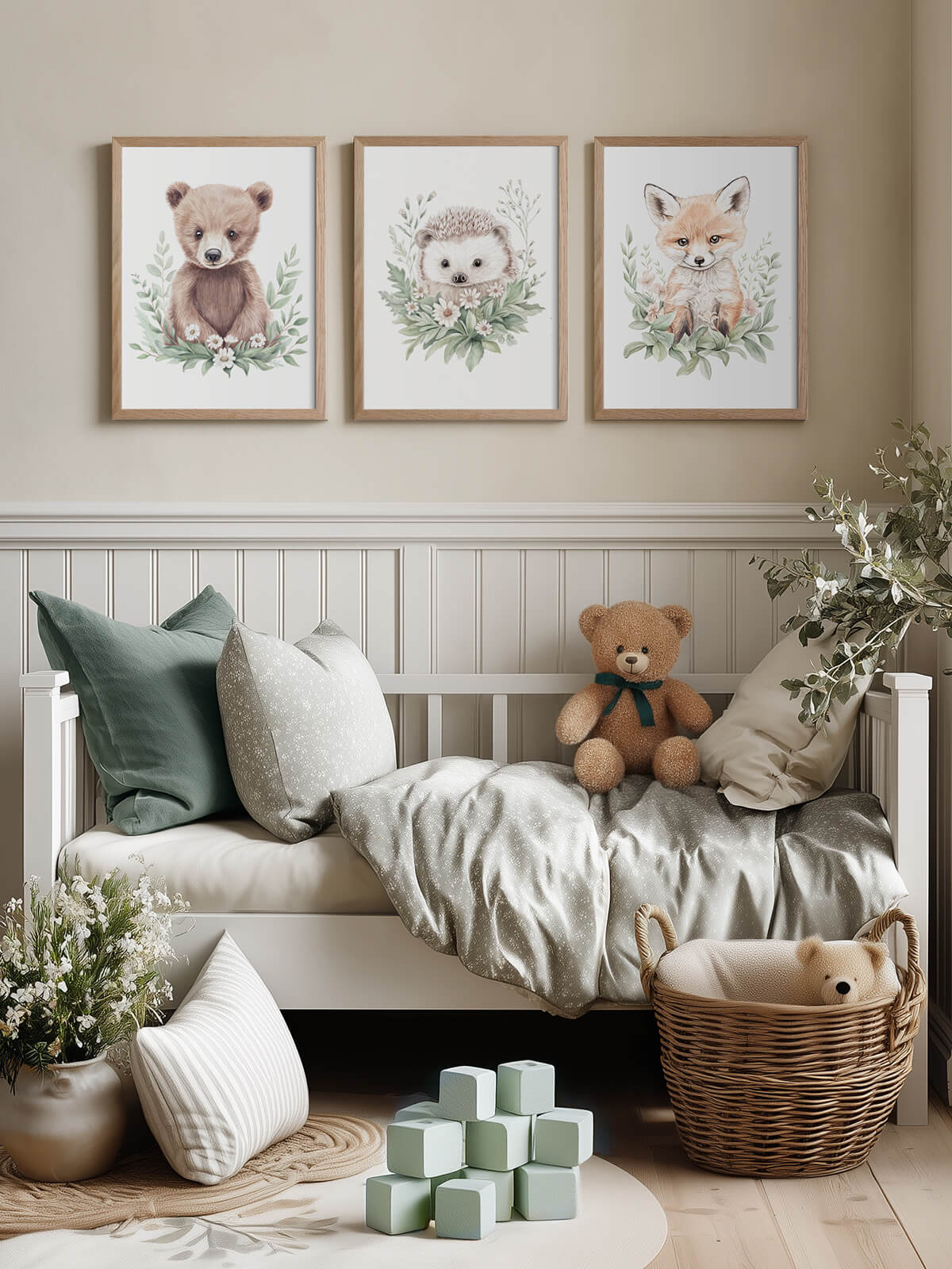 Tre handmålade barnposters med Benji, Nilo och Remi i ekram på barnrumsvägg