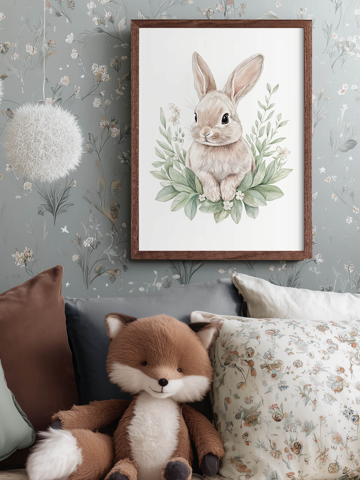 Handmålad barnposter med haren Bonnie i mörkbrun ekram, närbild i barnrum