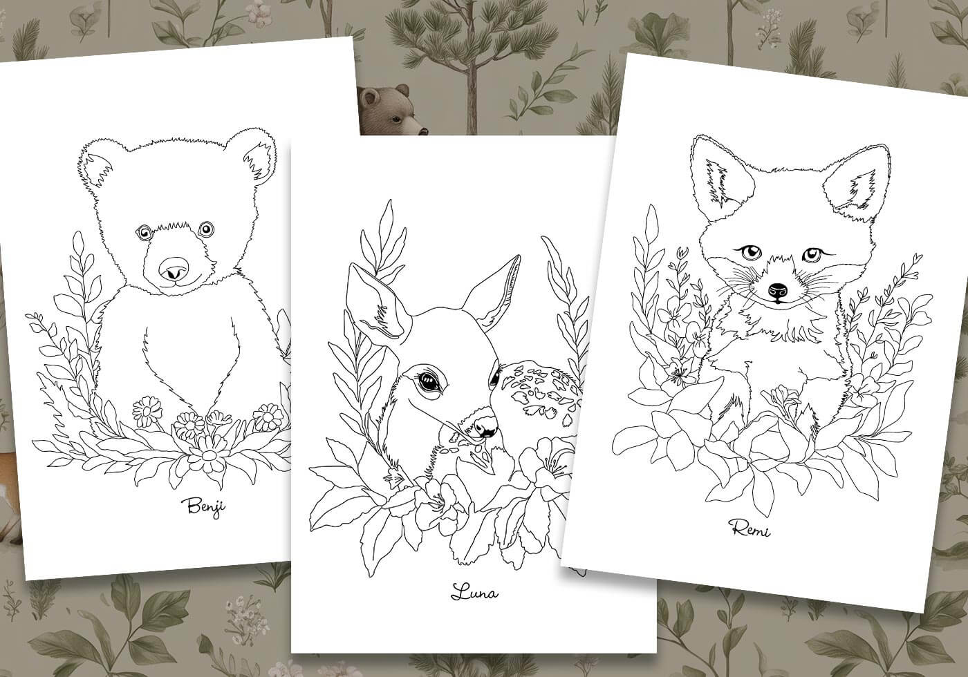Free A4 coloring pages with Benji, Luna and Remi against a wallpaper background