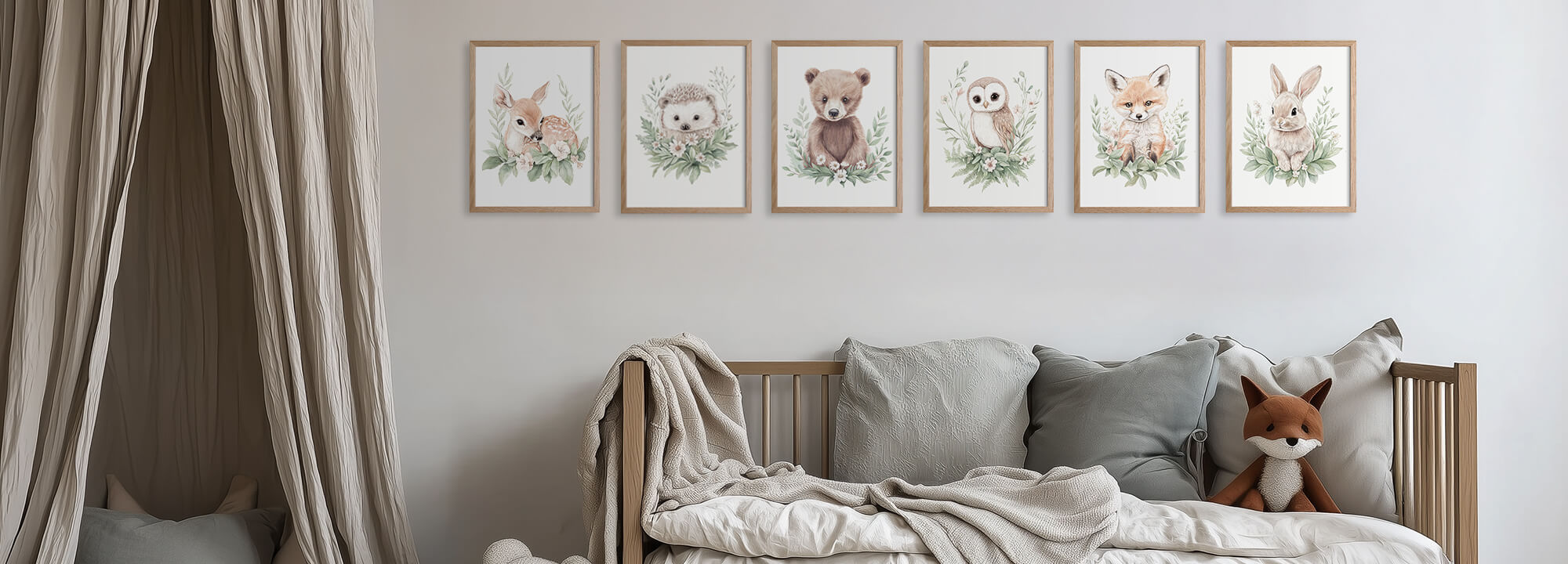 A calm children’s room decorated with hand-painted watercolor posters from Woodland Wonders