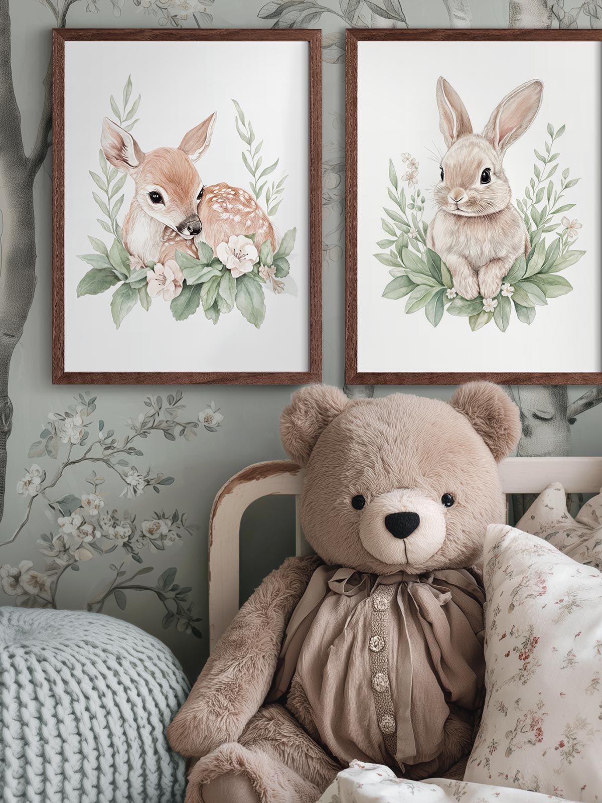 Stillhetsstunden med 2 handmålade akvarellposters, Luna och Bonnie, inramade i mörkbrun ekram på barnrumsvägg