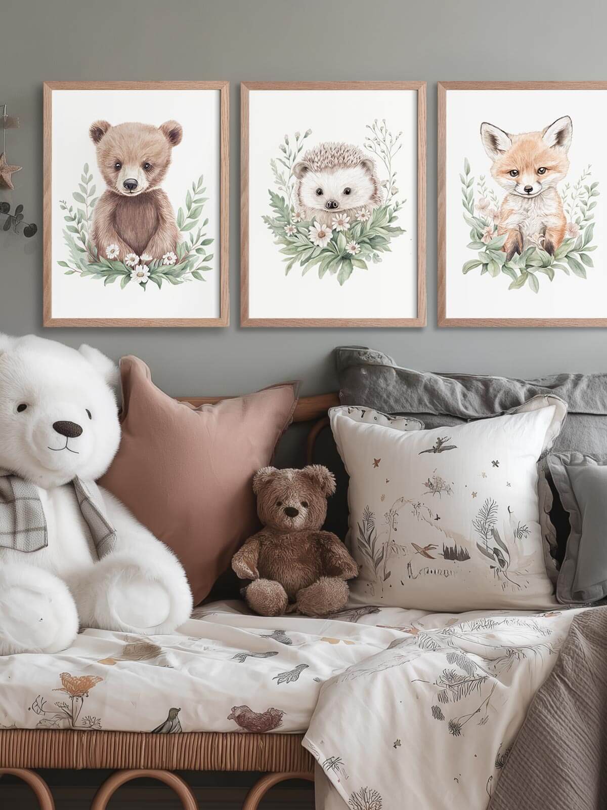 Stillhetsstunden med 3 handmålade akvarellposters, Benji, Nilo och Remi, inramade i ekram på barnrumsvägg